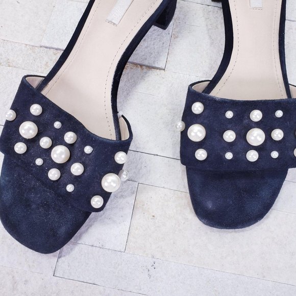 H&M Sandal Premium Black Suede Pearl Mules Slides 7 - Picture 5 of 11